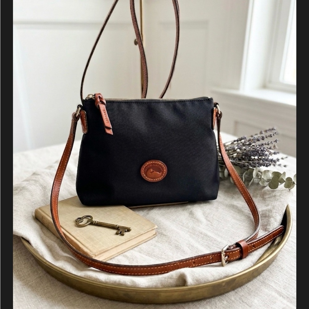 Dooney & Bourke Black Crossbody with Brown Leather Trim 8.5” x 7”
